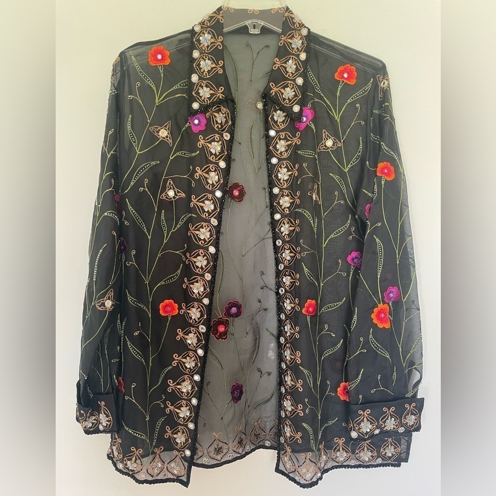 Black Sheer Open Front Long Jacket Blazer Embroidered Beading Stunning Floral M